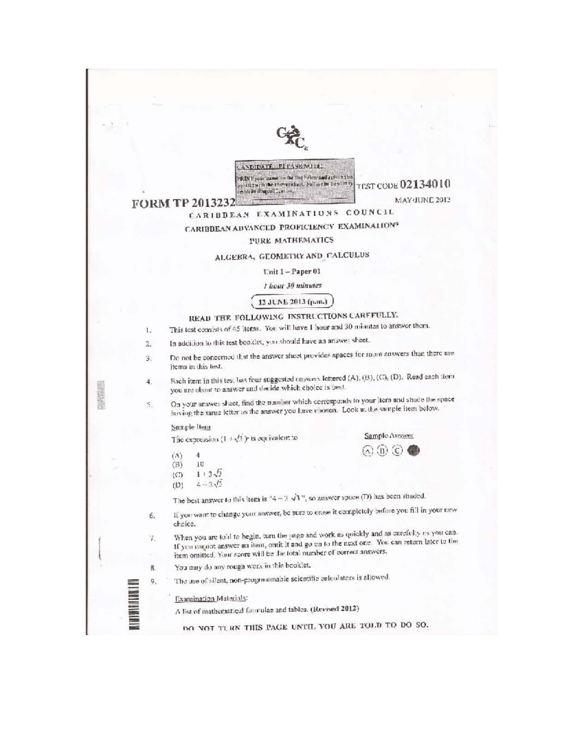 2013 CAPE Pure Mathematics Unit 1 Paper 01 Exam Instructions - Studocu