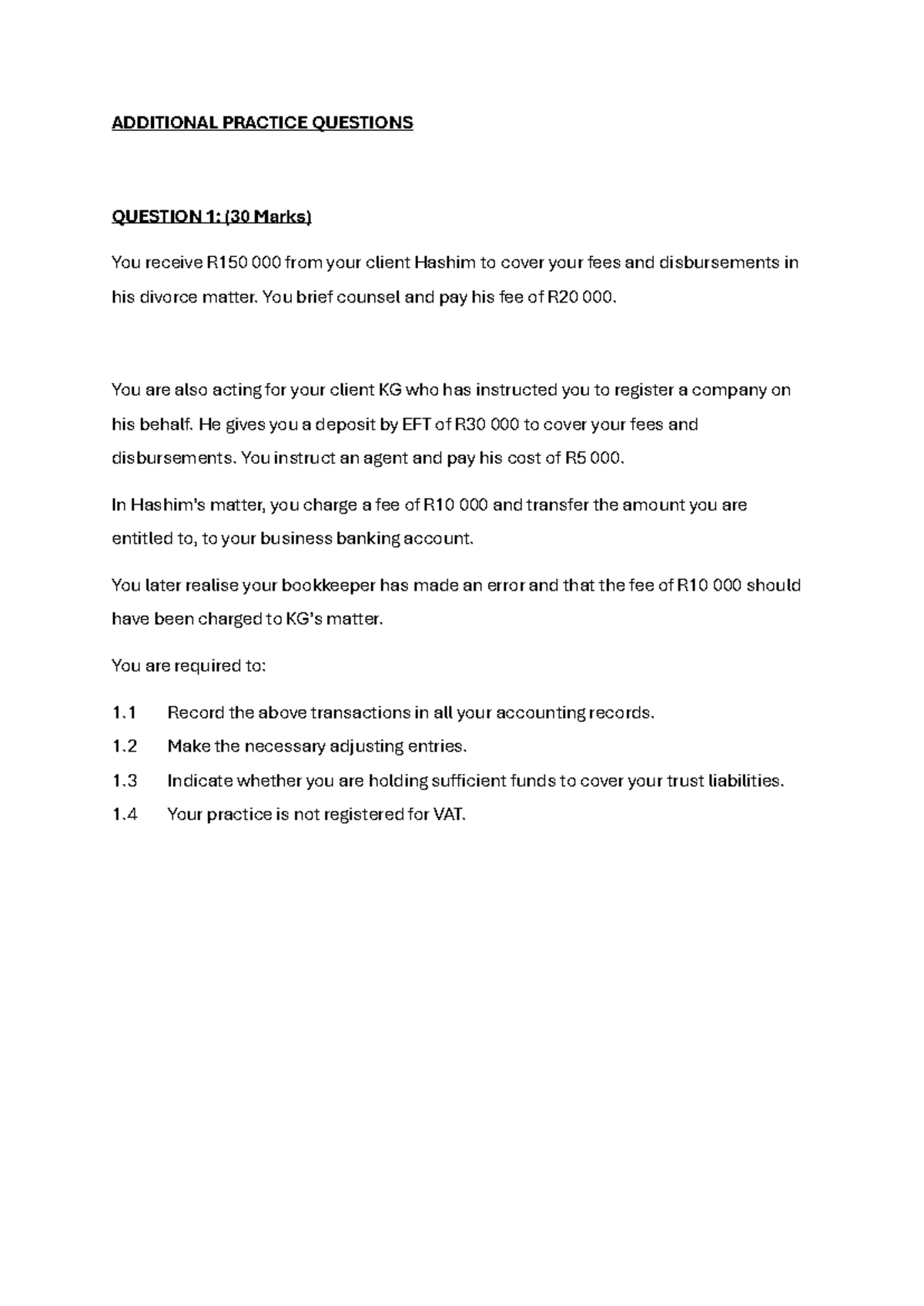 Additional Practice Questions for Accounting 101: Trust & Business ...