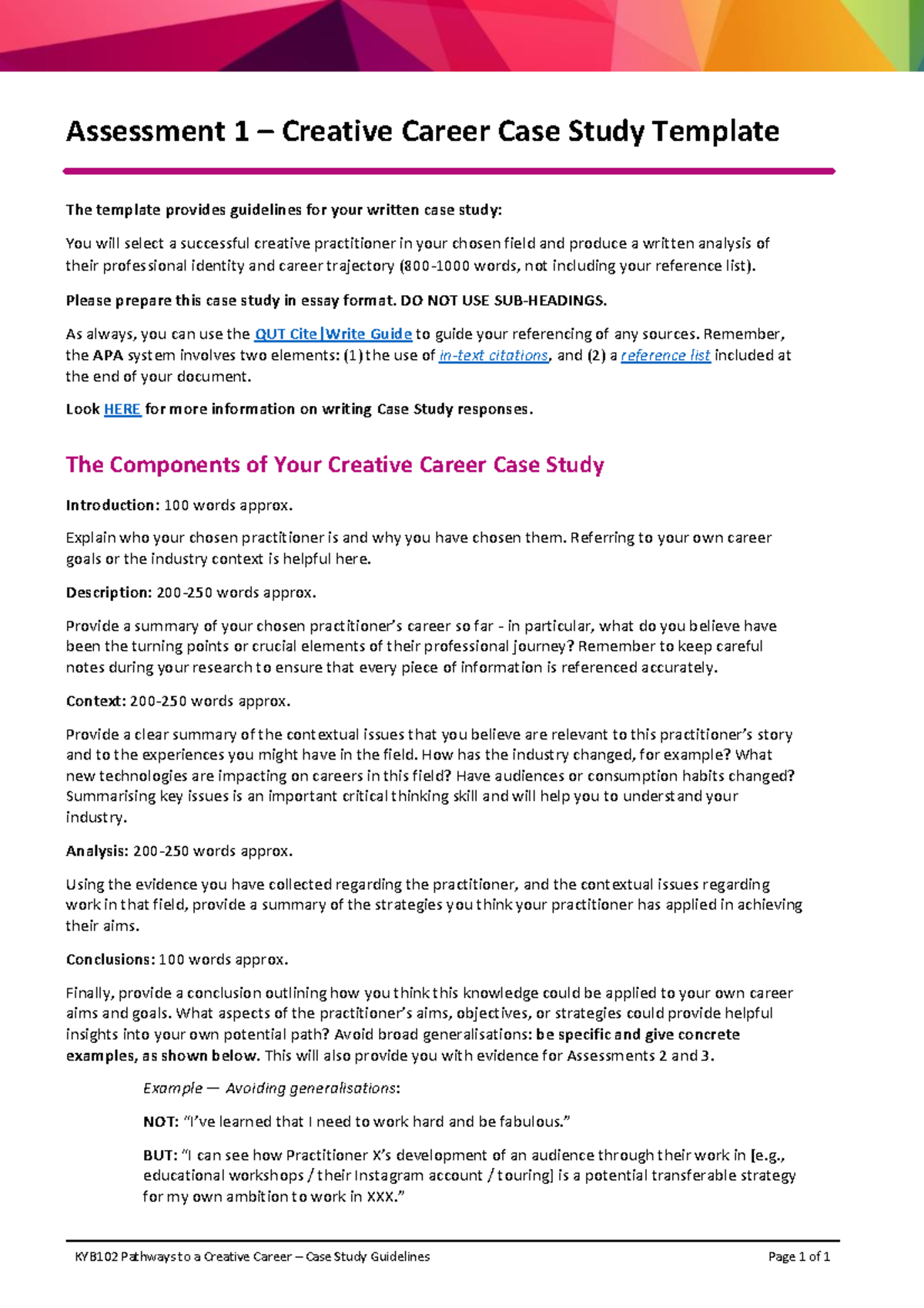 Assessment 1 Case Study Template: KYB102 Creative Career Analysis - Studocu