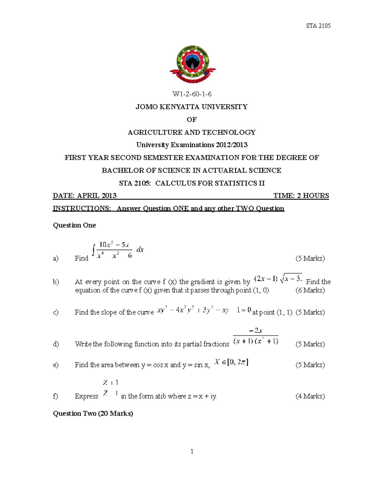 STA 2105: Calculus for Statistics II Exam Questions and Solutions - Studocu