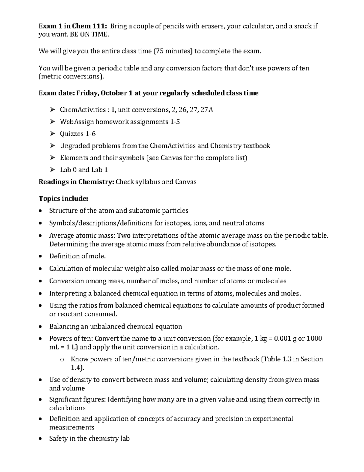 Chem 111 Exam 1 Review Sheet Fall 21 - **Exam 1 in Chem 111: ** Bring a ...