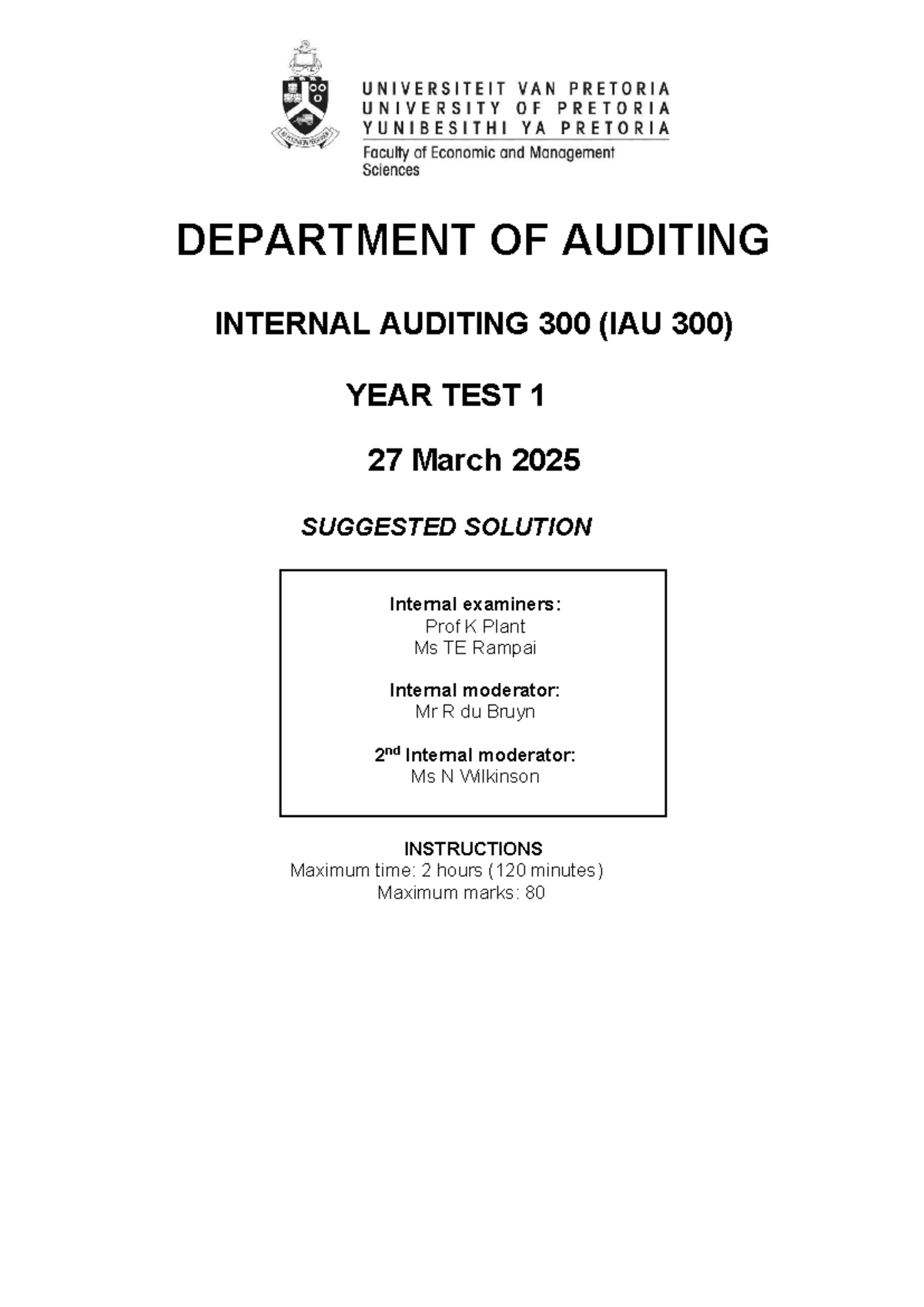 IAU 300 Internal Auditing Year Test 1 Suggested Solutions 2025 - Studocu