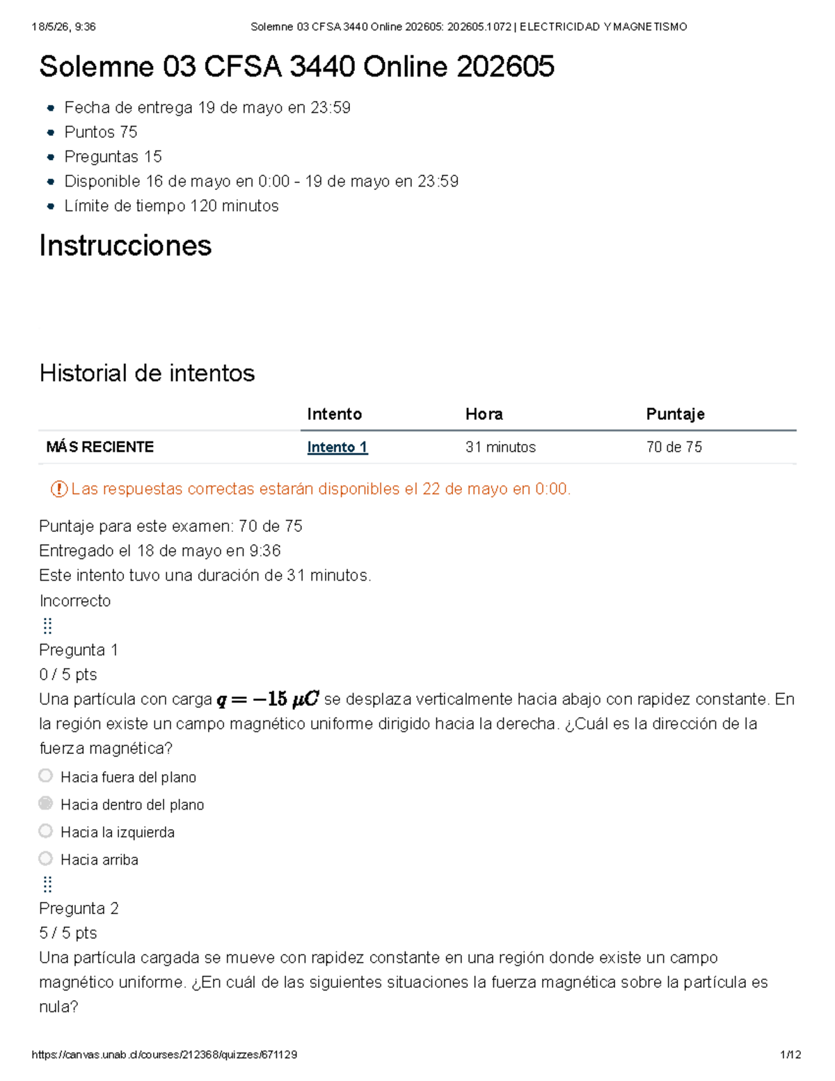 Solemn Exam 03 CFSA 3440 Online 202605: Electricidad y Magnetismo - Studocu