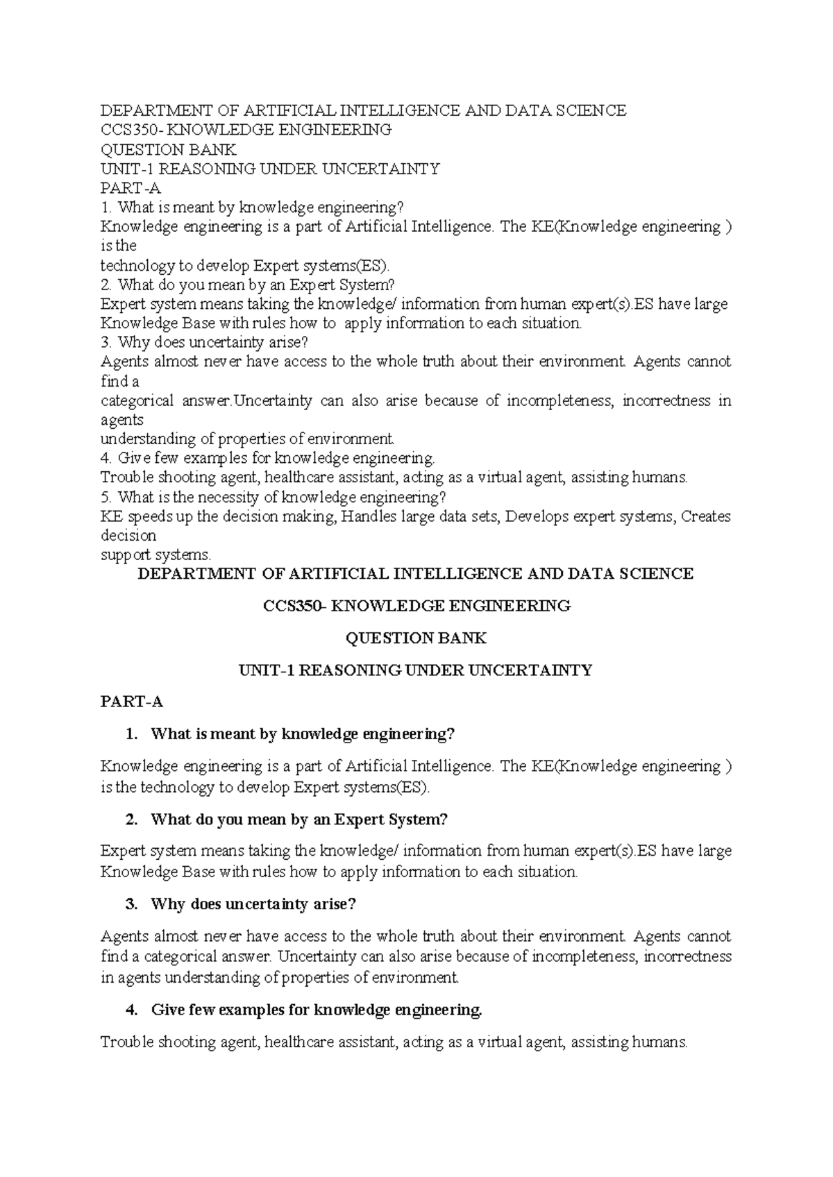 CCS350 Question Bank: Knowledge Engineering for Units 1 & 2 - Studocu