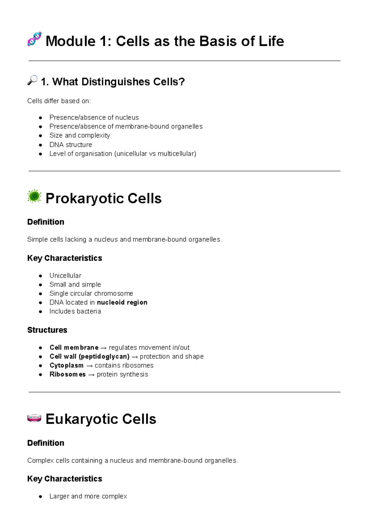 Module 1: Cells - Prokaryotic vs Eukaryotic Overview - Studocu