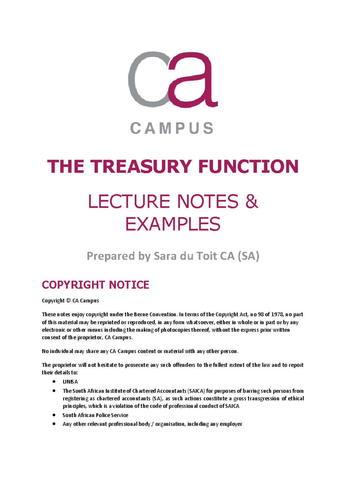 THE TREASURY FUNCTION LECTURE NOTES & EXAMPLES (CA 101) - Studocu