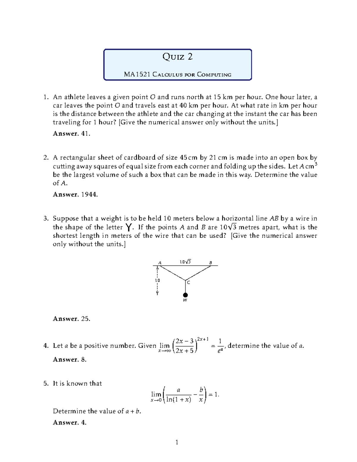 Quiz 2 MA1521 Calculus for Computing 1 - Problem Solutions - Studocu
