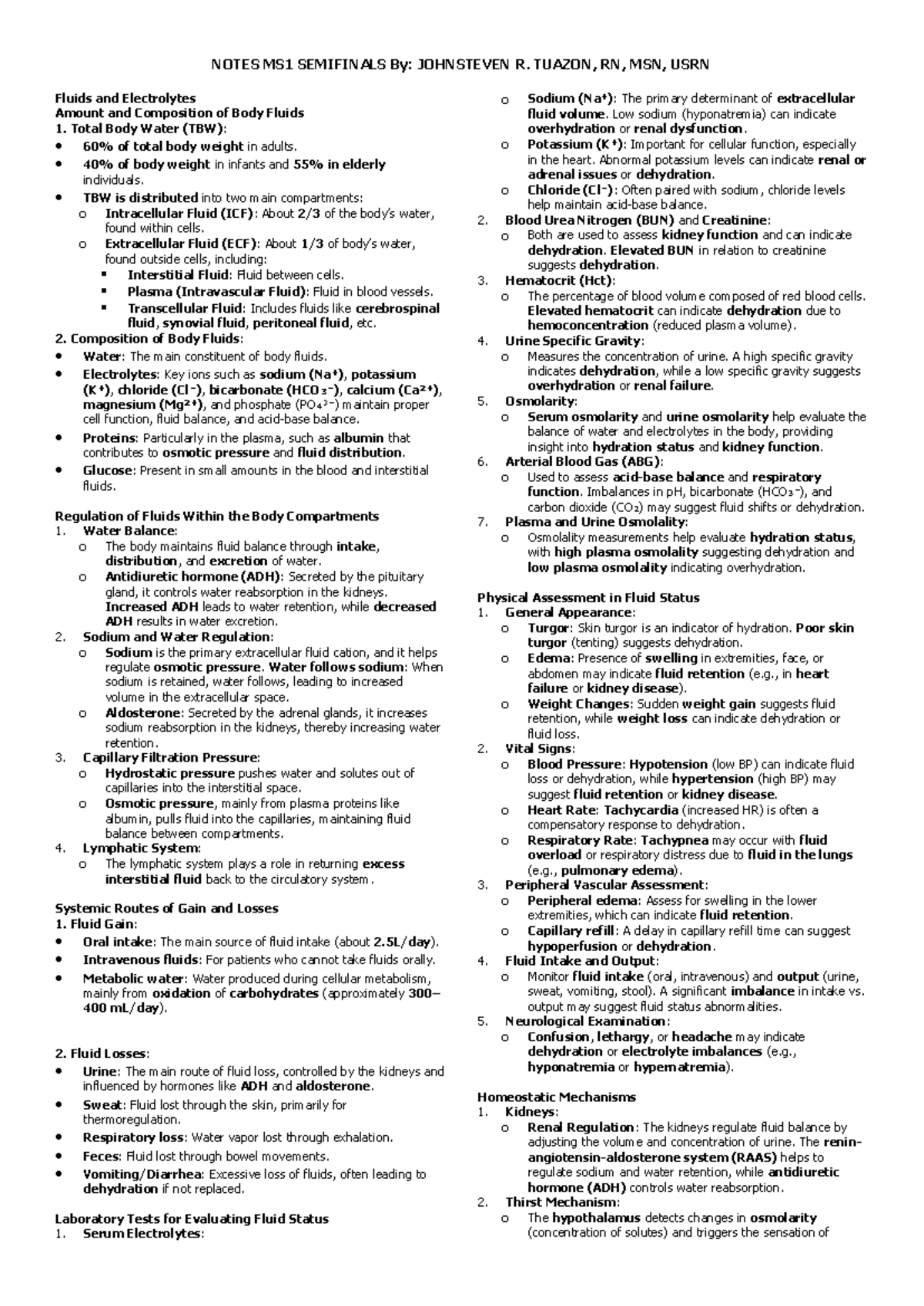 NOTES MS1 SEMIFINALS: FLUIDS AND ELECTROLYTES STUDY GUIDE - Studocu