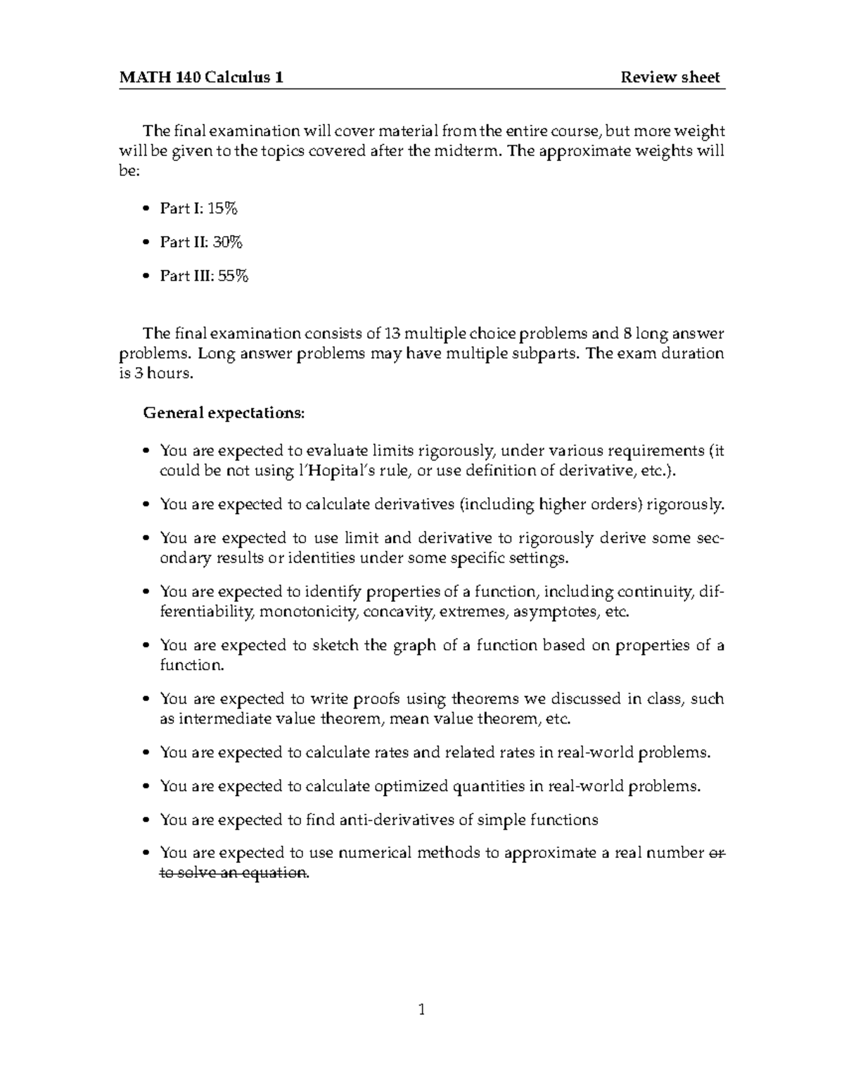 MATH 140 Final Exam Review and Study Guide for Calculus 1 - Studocu
