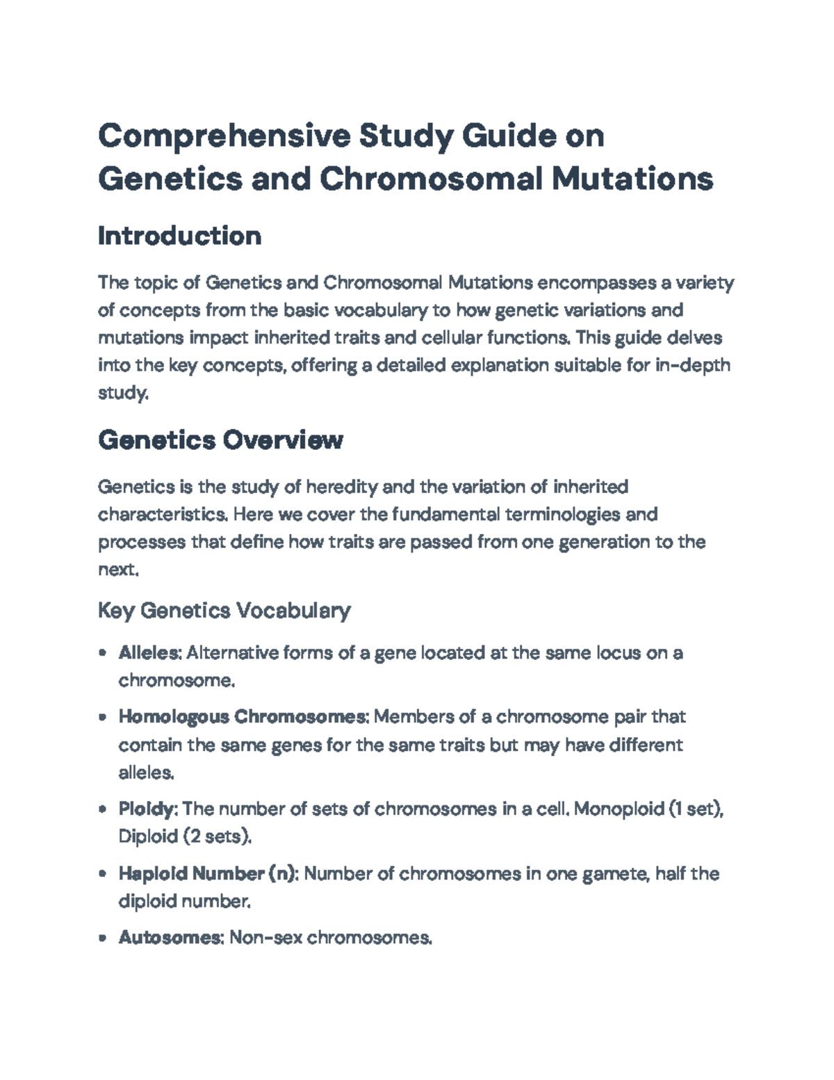 Genetics and Chromosomal Mutations Study Guide (Course Code: CULtwAbT ...