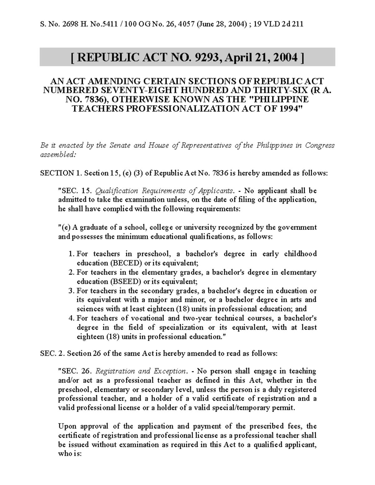 RA 9293: Amendments to the Teachers Professionalization Act - Studocu