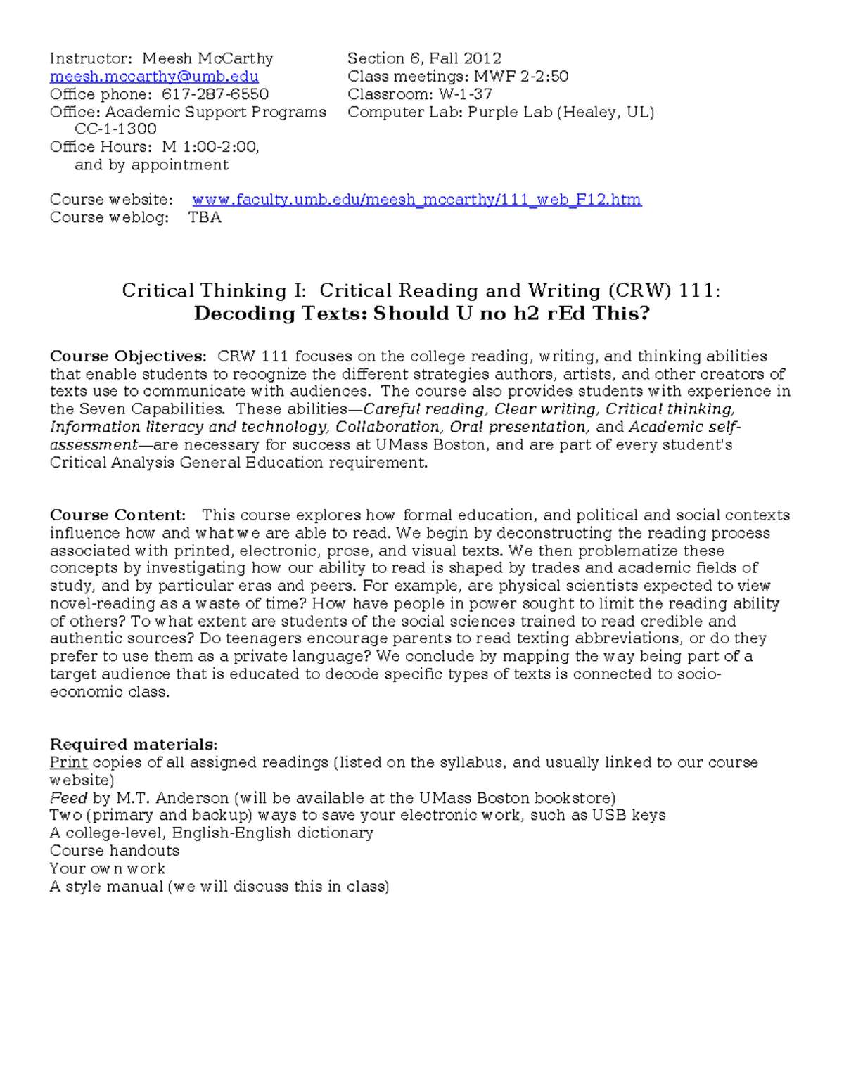 CRW 111 Syllabus: Critical Thinking I - Fall 2012 Overview - Studocu