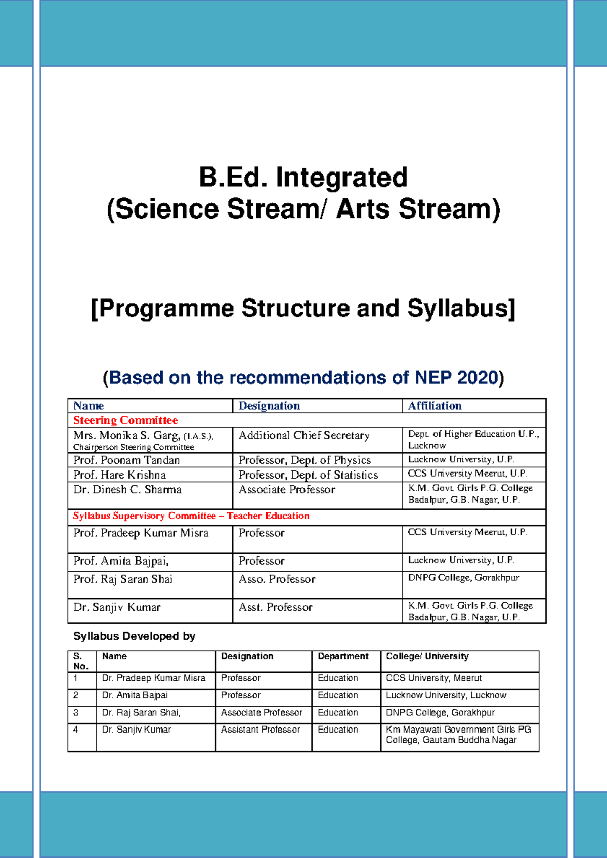 B.Ed. Integrated (Arts & Science Stream) Course Structure & Syllabus ...