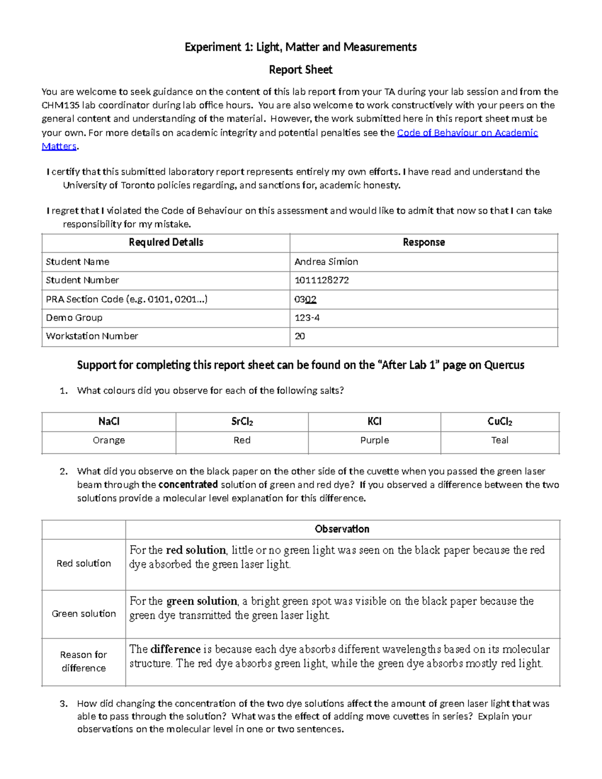 CHM135 Lab 1: Light, Matter, and Measurements Report Sheet - Studocu