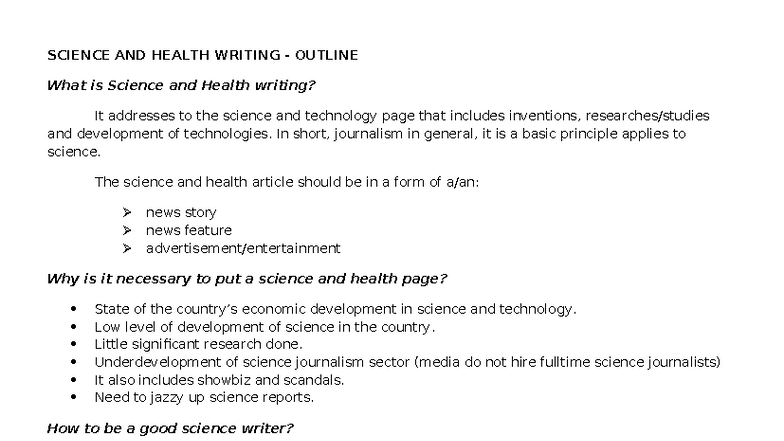 SCI 101: Science and Health Writing Outline and Guidelines - Studocu