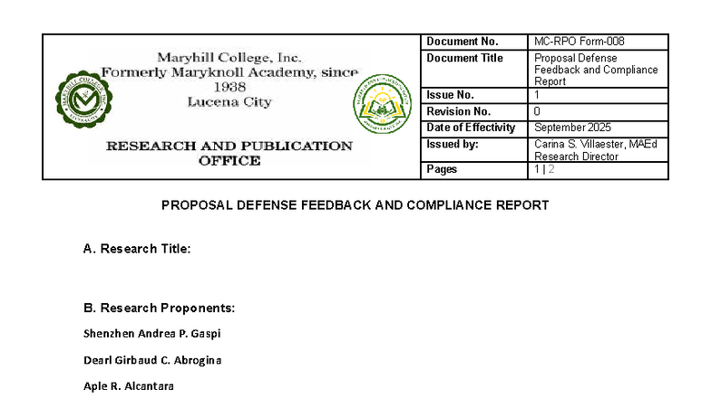 8-MC-RPO-Proposal Defense Feedback & Compliance Report 1 - Studocu