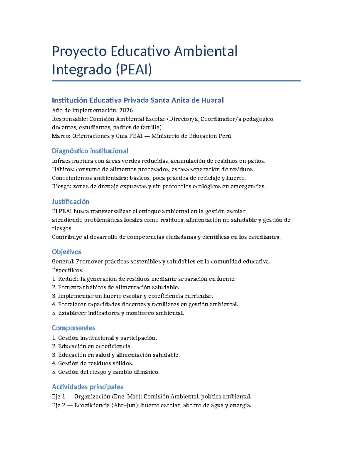 PEAI 2026: Proyecto Educativo Ambiental en Santa Anita Huaral - Studocu