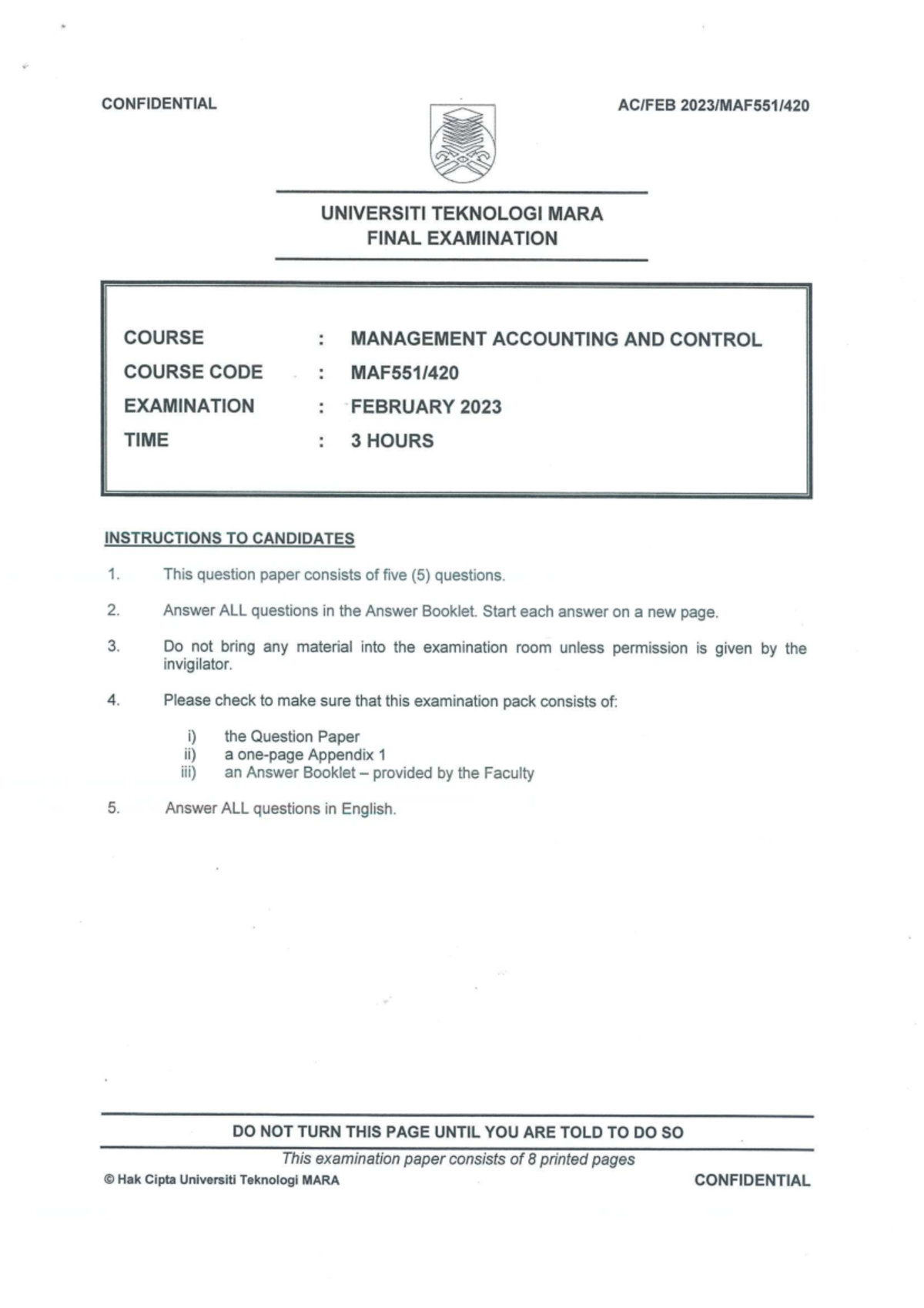Management Accounting & Control Final Exam (Feb 2023) - Studocu