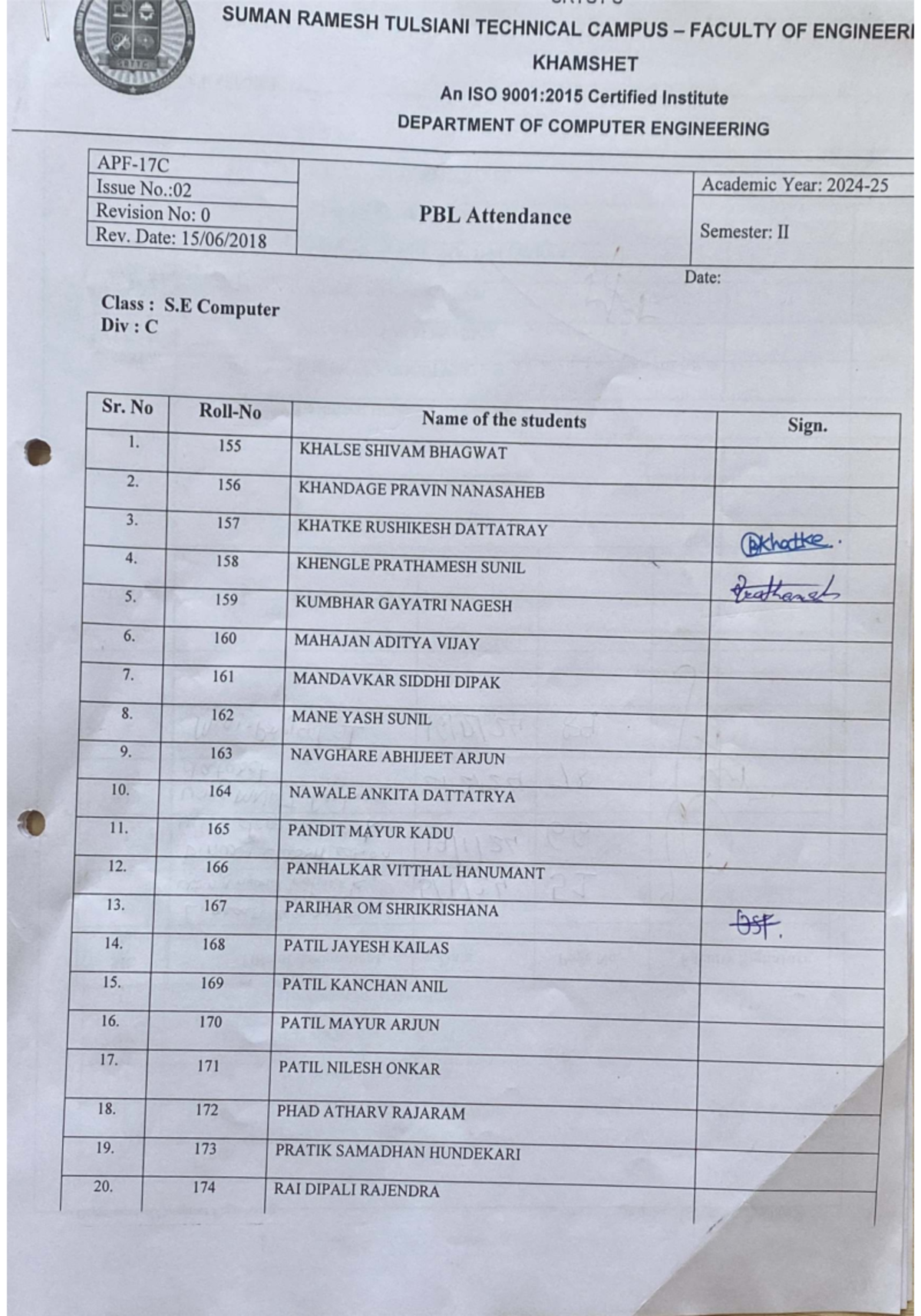 SE-C PBl Attendance - Here it is Paper - SUMAN RAMESH TULSIANI ...