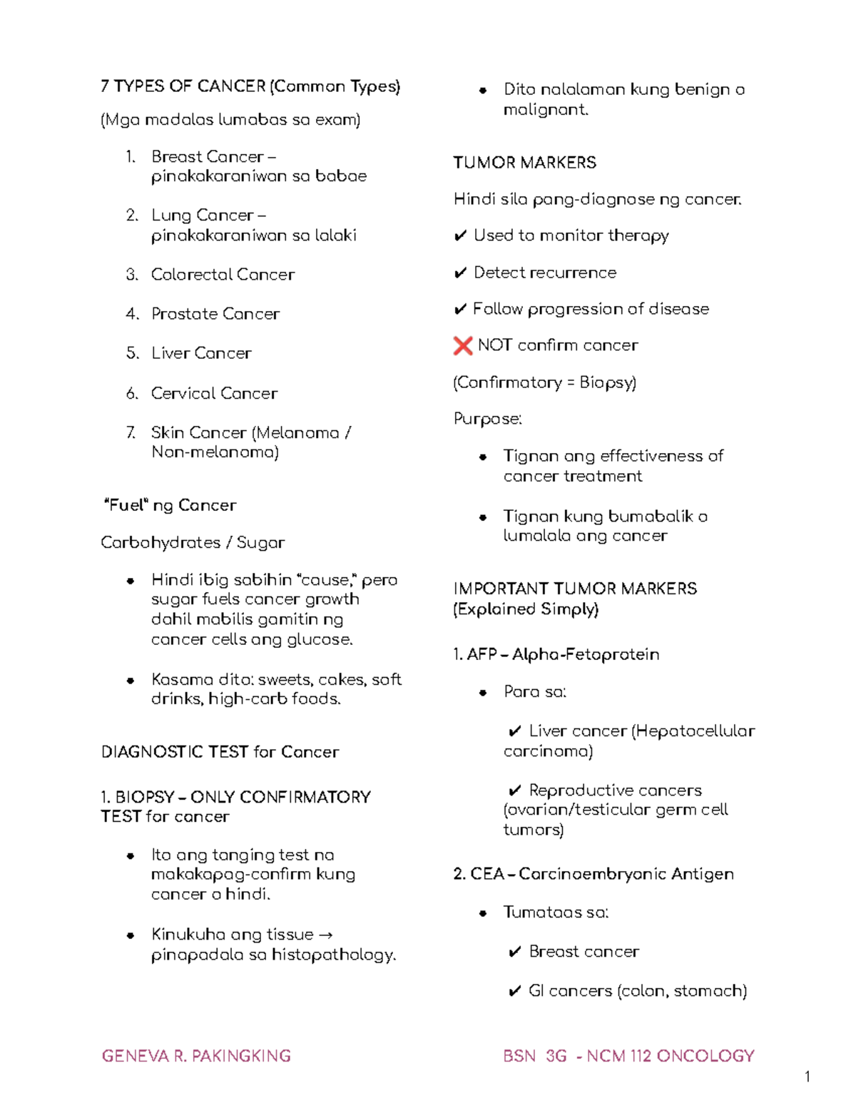 Oncology Reviewer - BSN 3G NCM 112 Exam Notes on Cancer Types and ...