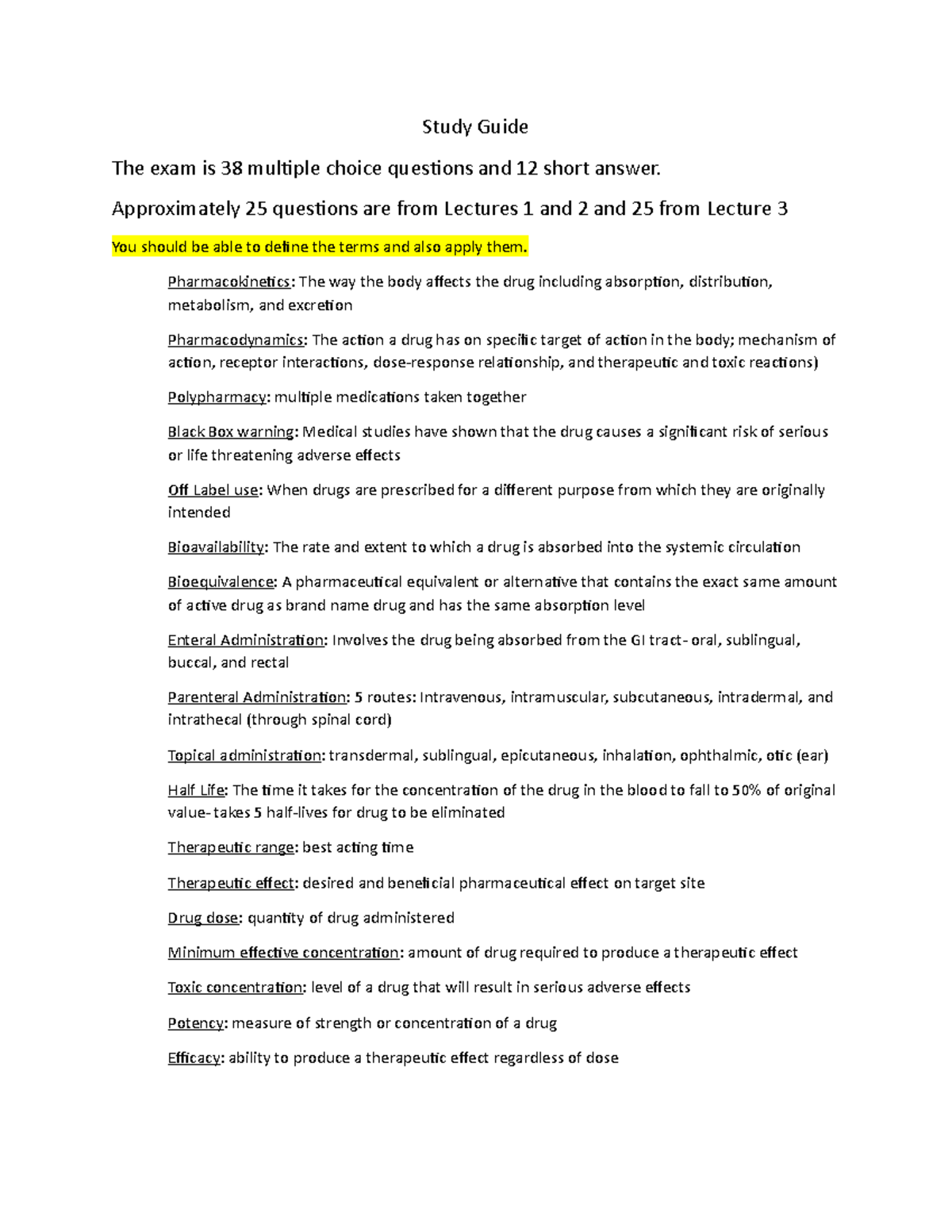 Study Guide pharm exam 1 - Study Guide The exam is 38 multiple choice ...