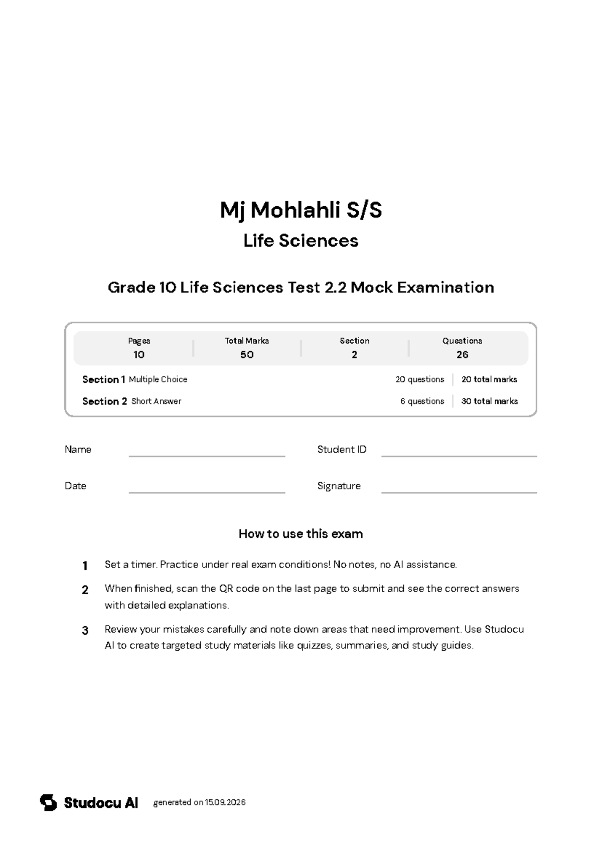 Grade 10 Life Sciences Test 2.2 Mock Exam - Studocu