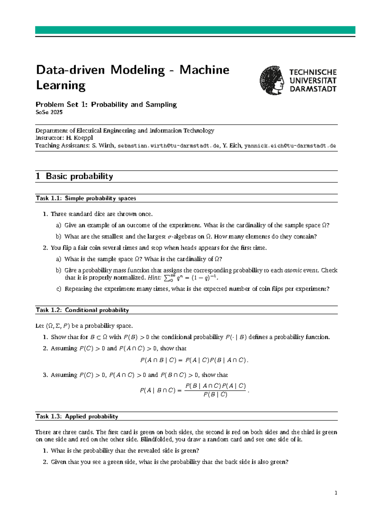 Modeling ML Problem Set 1: Probability & Sampling - SoSe 2025 - Studocu