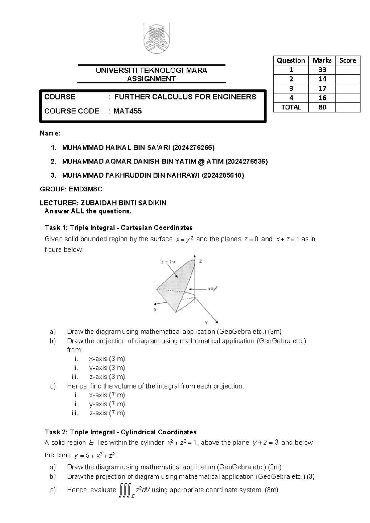 MAT455 Group Assignment: Triple Integrals in Various Coordinates - Studocu