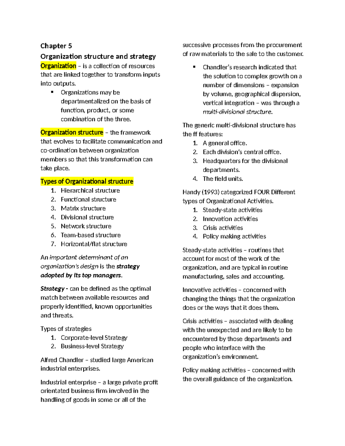SBA 5.11 Notes: Chapter 5 - Org Structure & Strategy Insights - Studocu