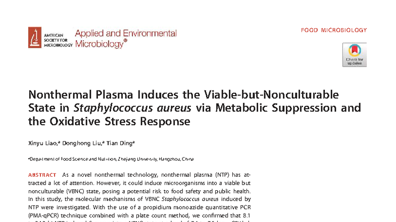 Nonthermal Plasma Induces the Viable-but-Nonculturable Stte in S ...