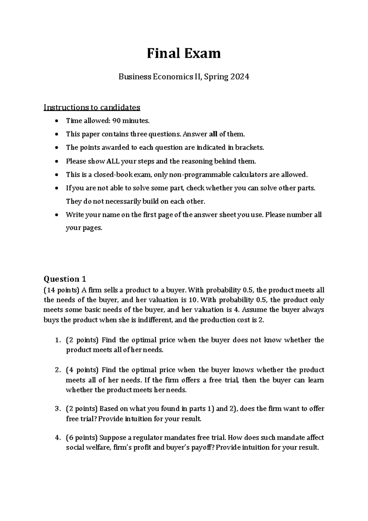 Final Exam FSS2024 Business Economics II: Key Questions & Insights ...