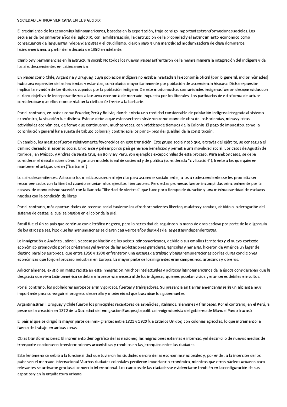 Sociedad Latinoamericana - SOCIEDAD LATINOAMERICANA EN EL SIGLO XIX El ...