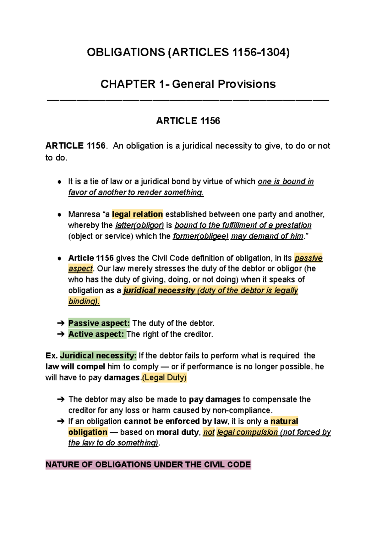 Obligations Under Civil Code: Articles 1156-1304 Overview - Studocu