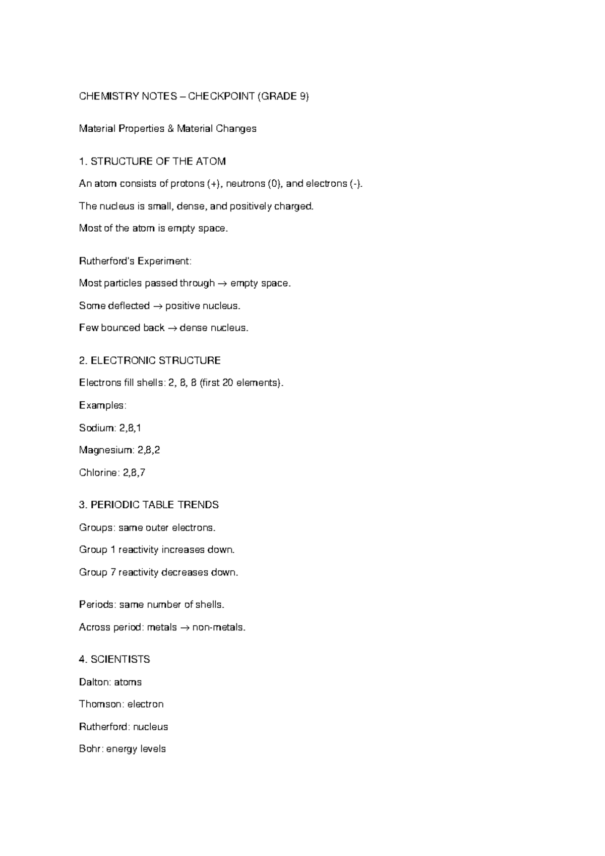 CHEMISTRY CHECKPOINT NOTES (GRADE 9) - ATOMS & PERIODIC TABLE - Studocu