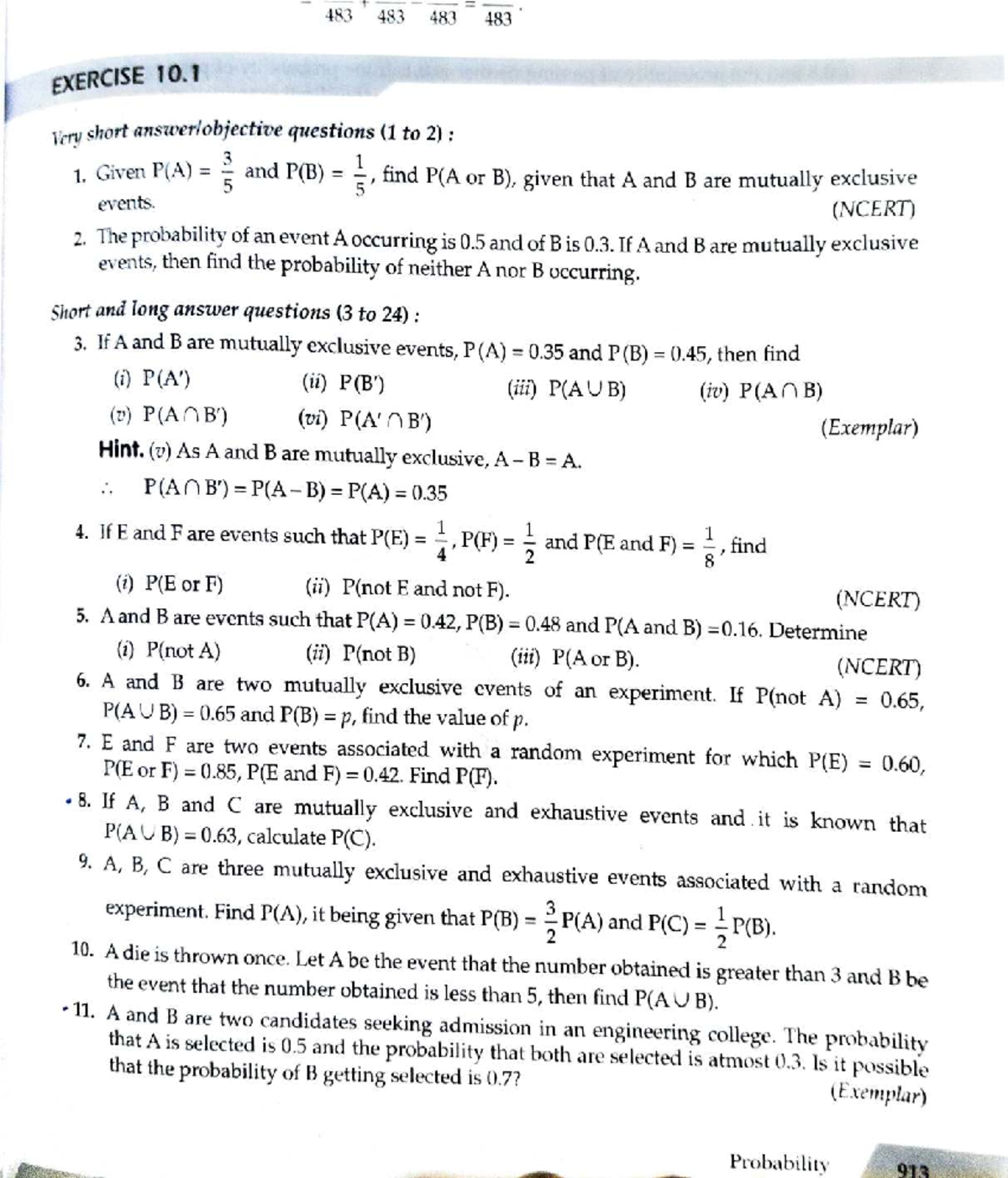Probability ML-1: Exercise 10.1 Short & Long Answer Questions - Studocu