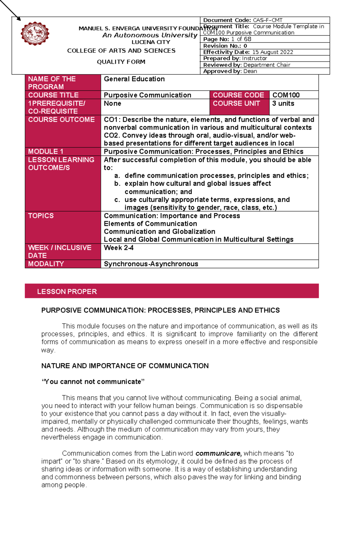 COM 100 Course Module 2024-2025 - MANUEL S. ENVERGA UNIVERSITY ...