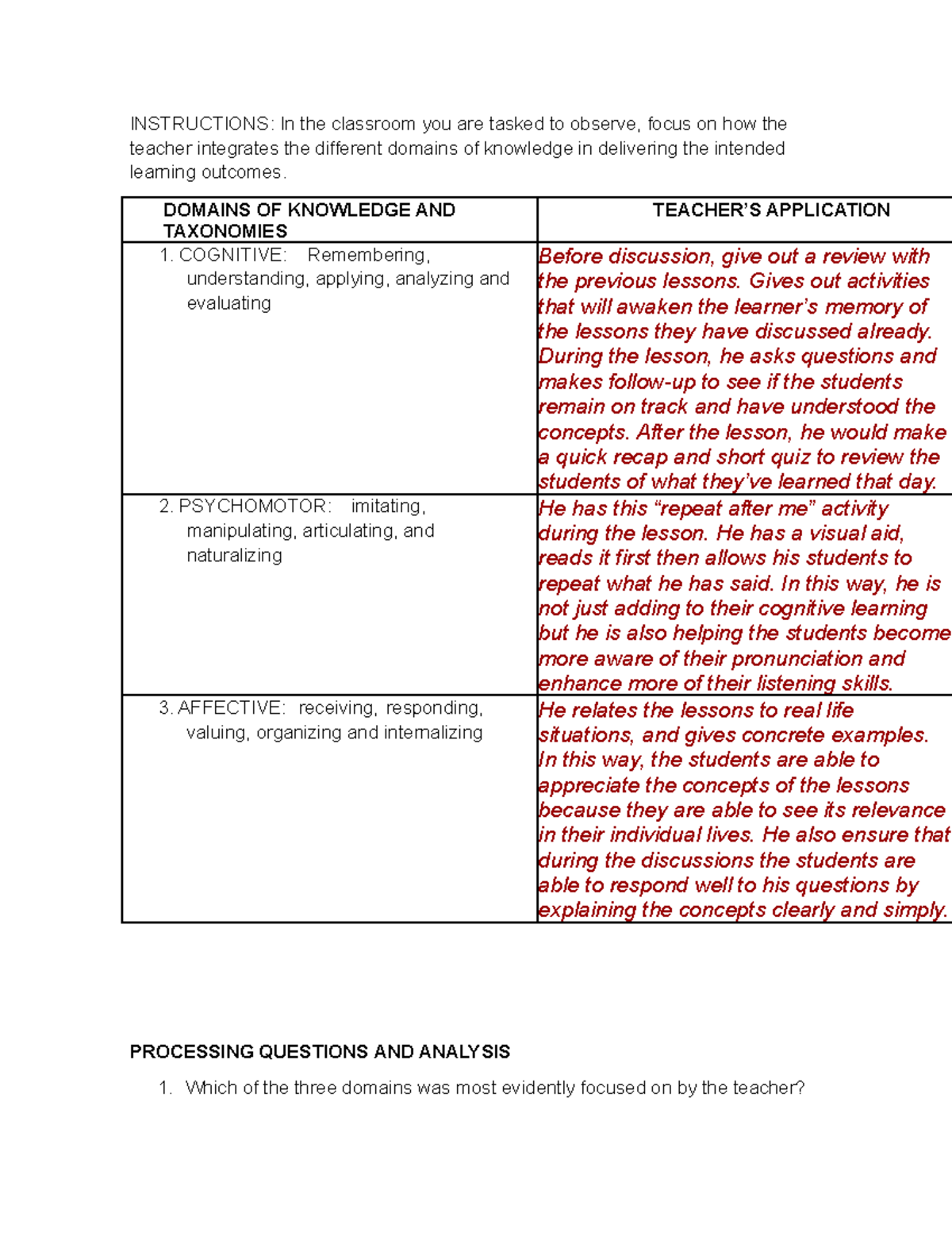 Notes 1 - INSTRUCTIONS: In the classroom you are tasked to observe ...