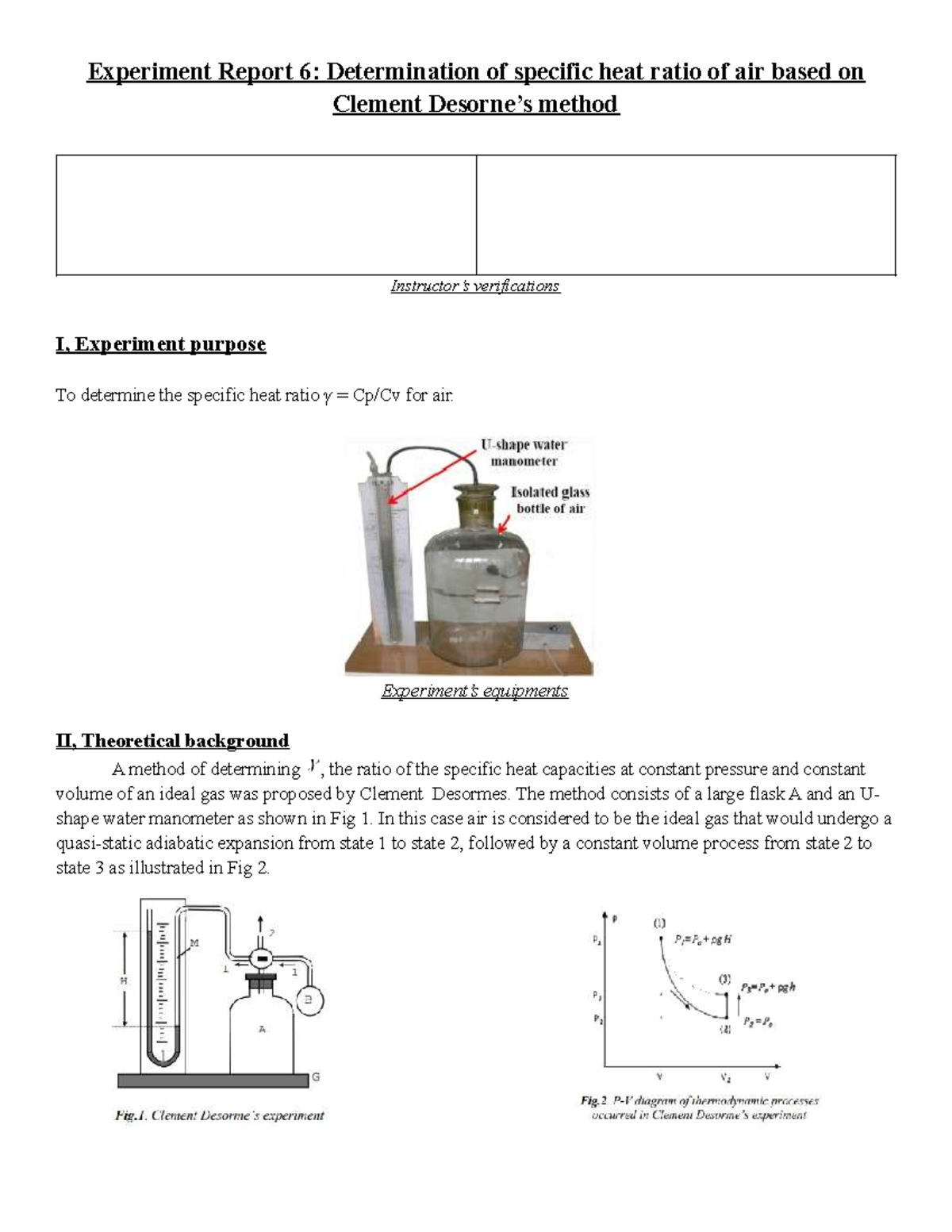 Experiment Report 6: Specific Heat Ratio of Air via Clement Method ...
