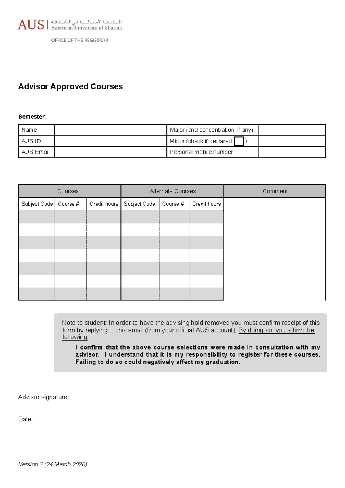 Advisor Approved Courses Form - AUS ID Confirmation - Studocu