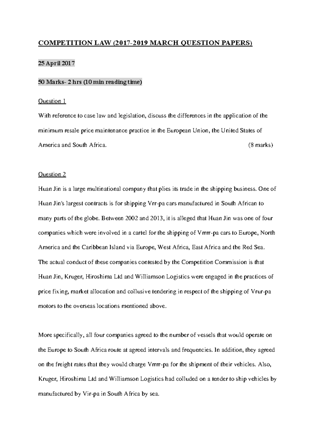 Competition Law Past Papers (2017-2019): Key Questions & Answers - Studocu