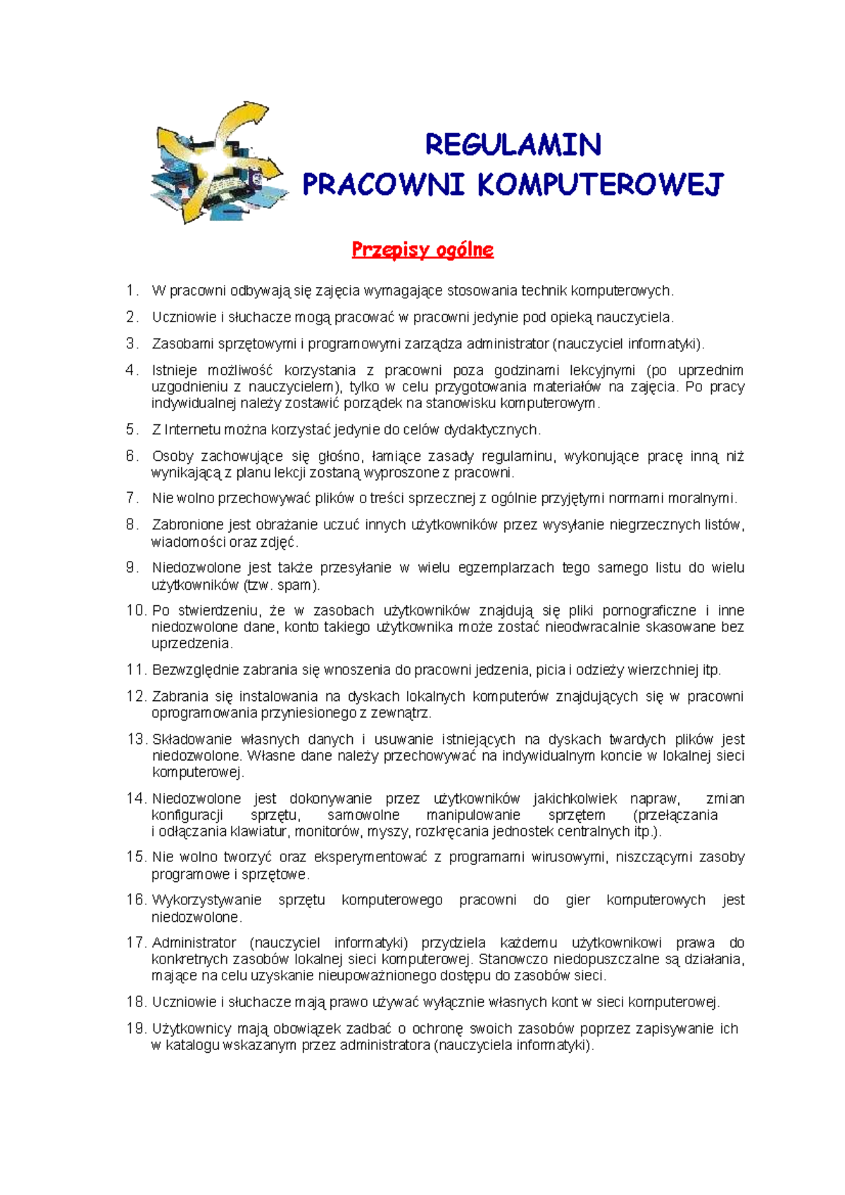 Regulamin Pracowni Komputerowej Zasady U ytkowania Studocu