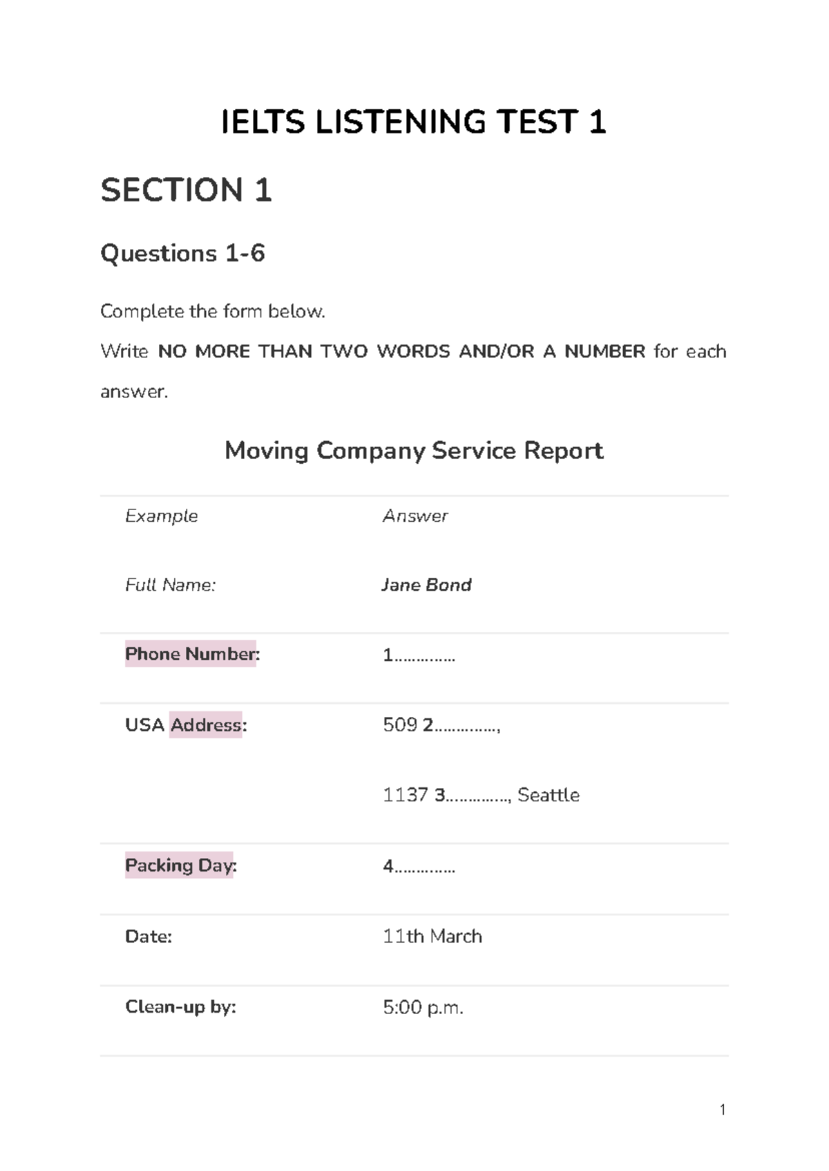 IELTS Listening Test 1 - Section 1 & 3 Questions (2511) - Studocu