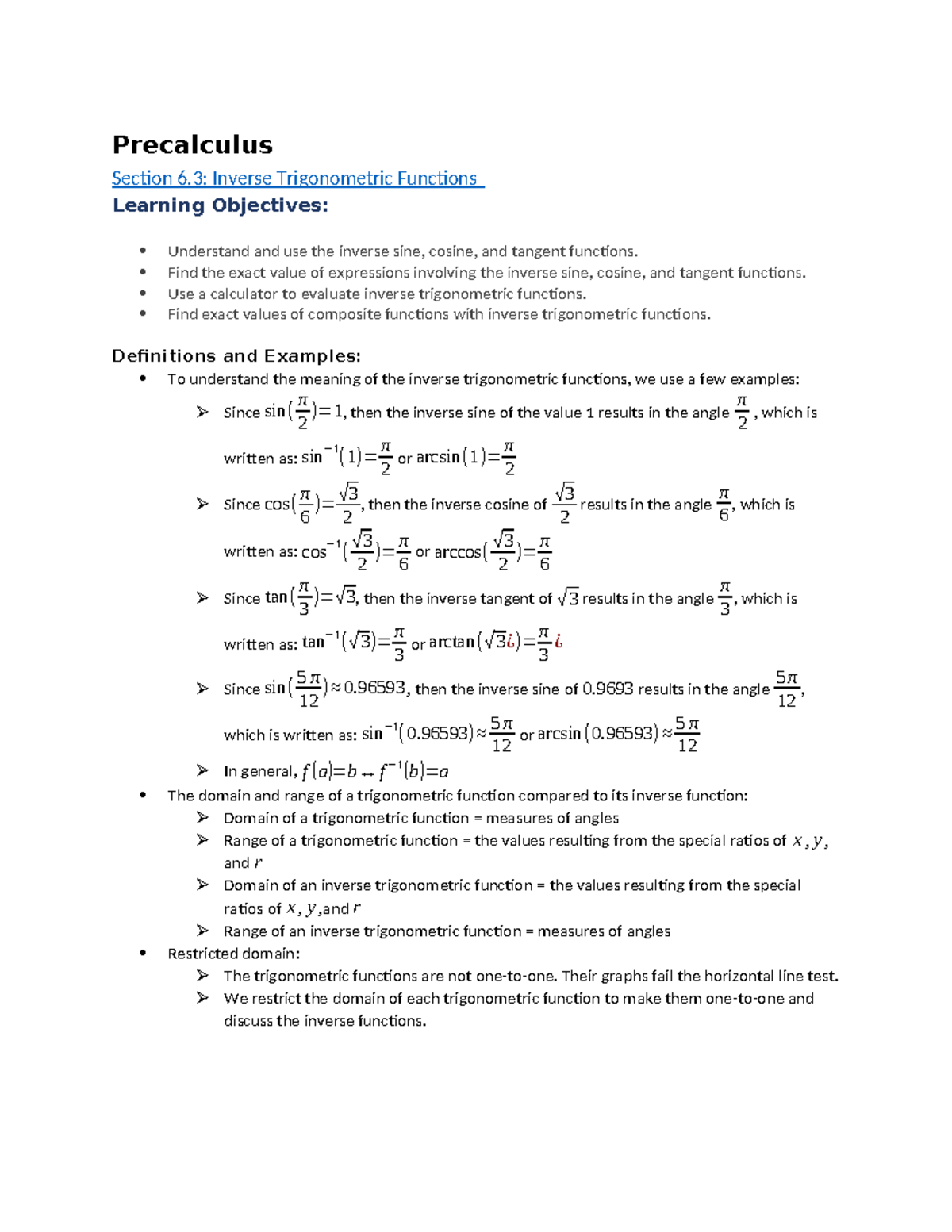 Precalculus (MATH101) Final Exam: Inverse Trigonometric Functions - Studocu