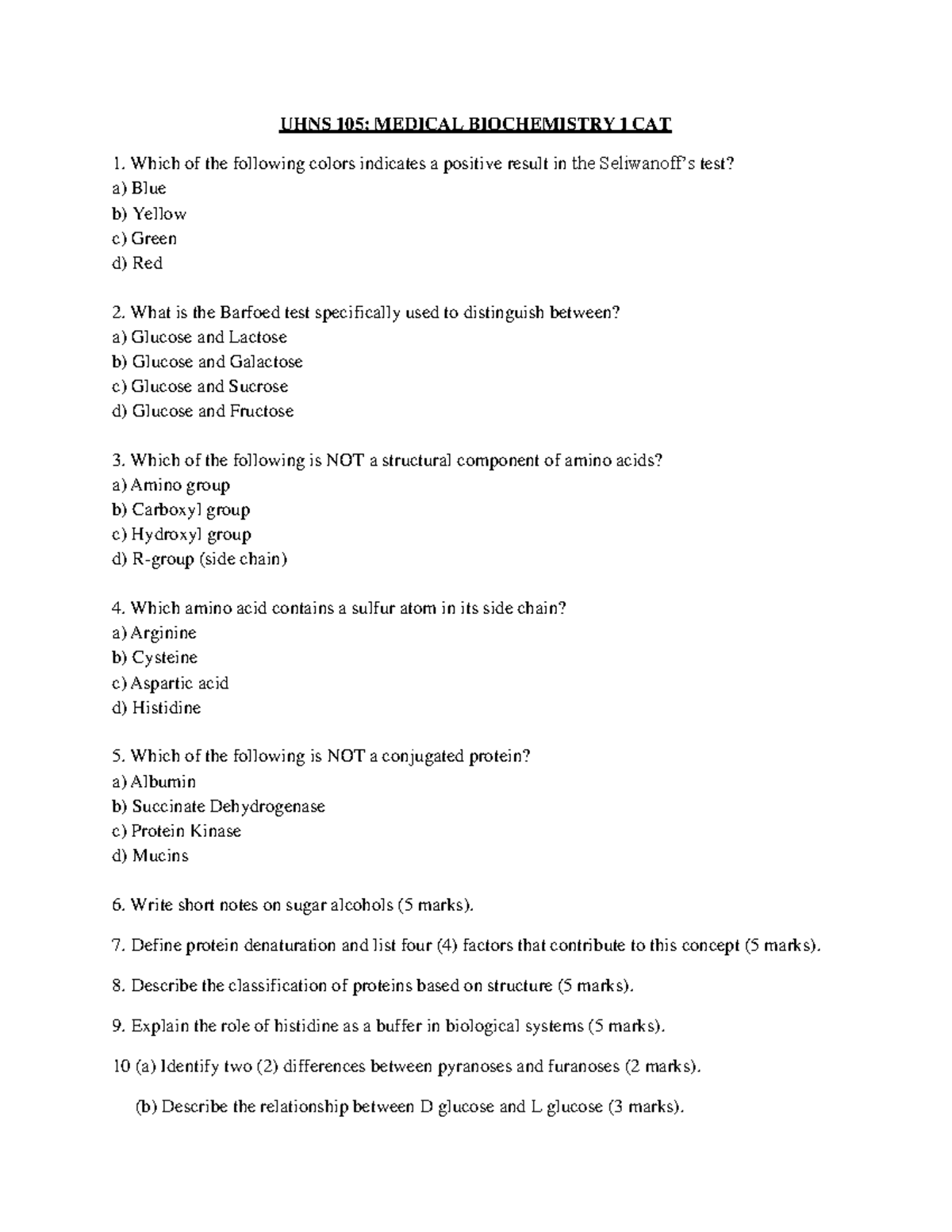 UHNS 105 CAT Medical Biochemistry 1 Study Guide - Exam Prep - Studocu