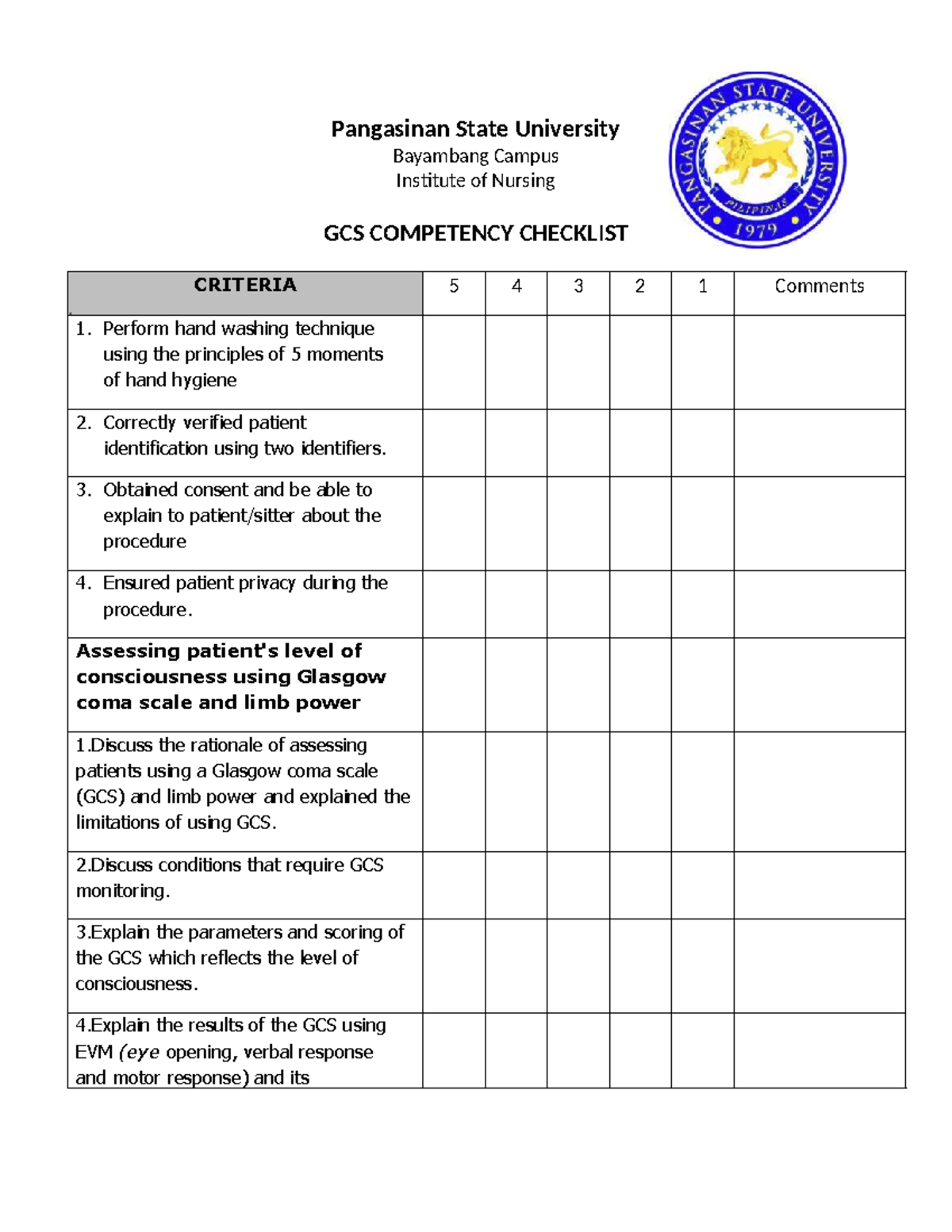 GCS COMPETENCY CHECKLIST - Pangasinan State University Nursing - Studocu