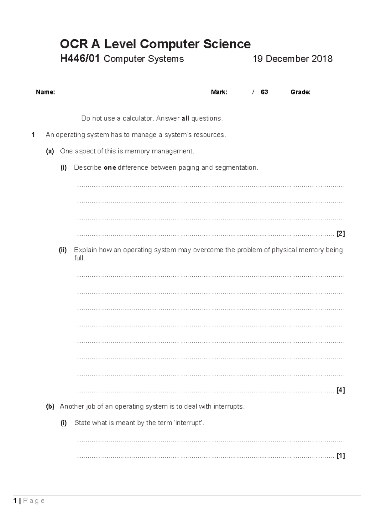 H446-01 A Level Computer Science Test - 19 Dec 2018 - Studocu