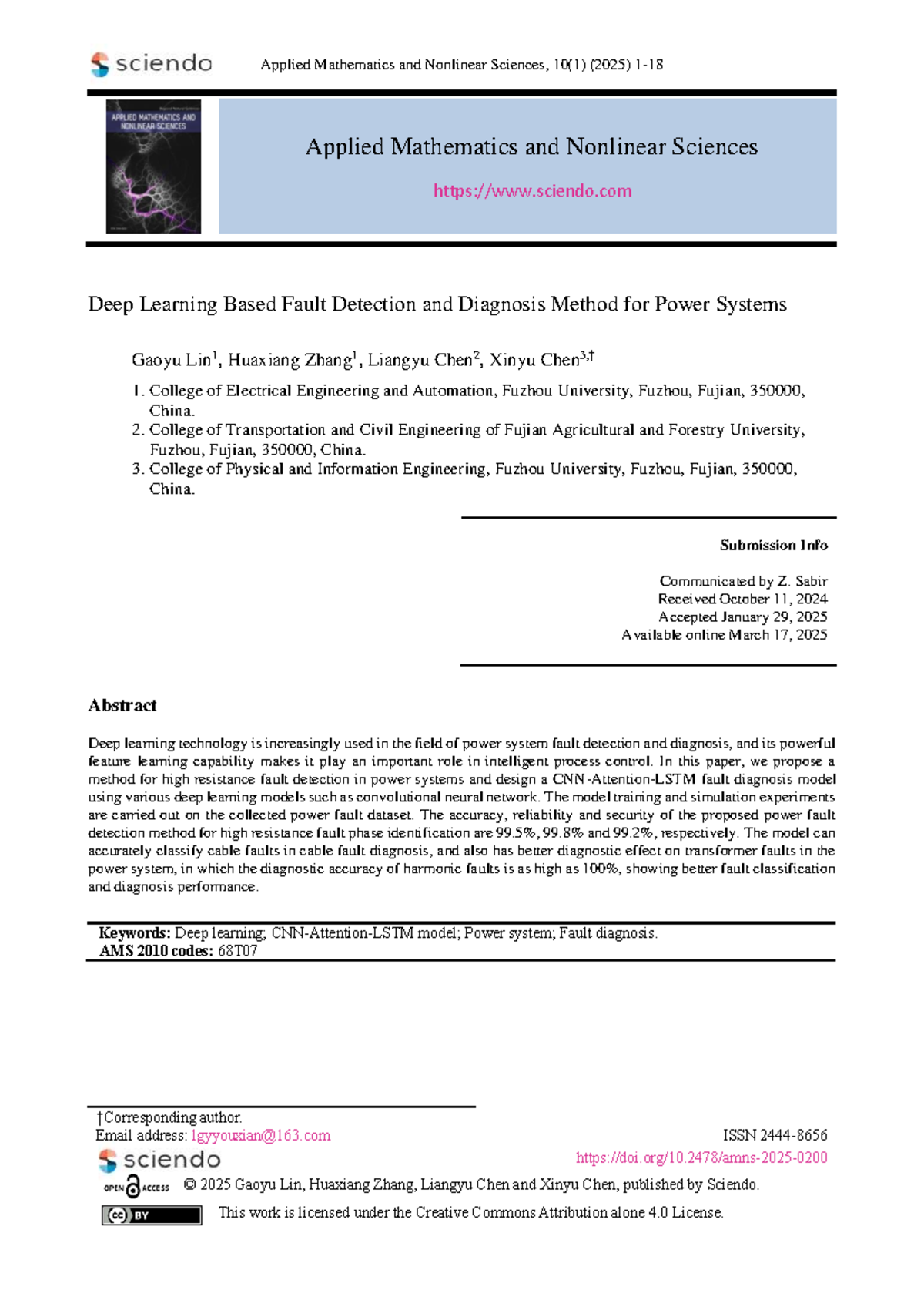 Deep Learning for Power Systems Fault Detection and Diagnosis (AMS 10(1 ...