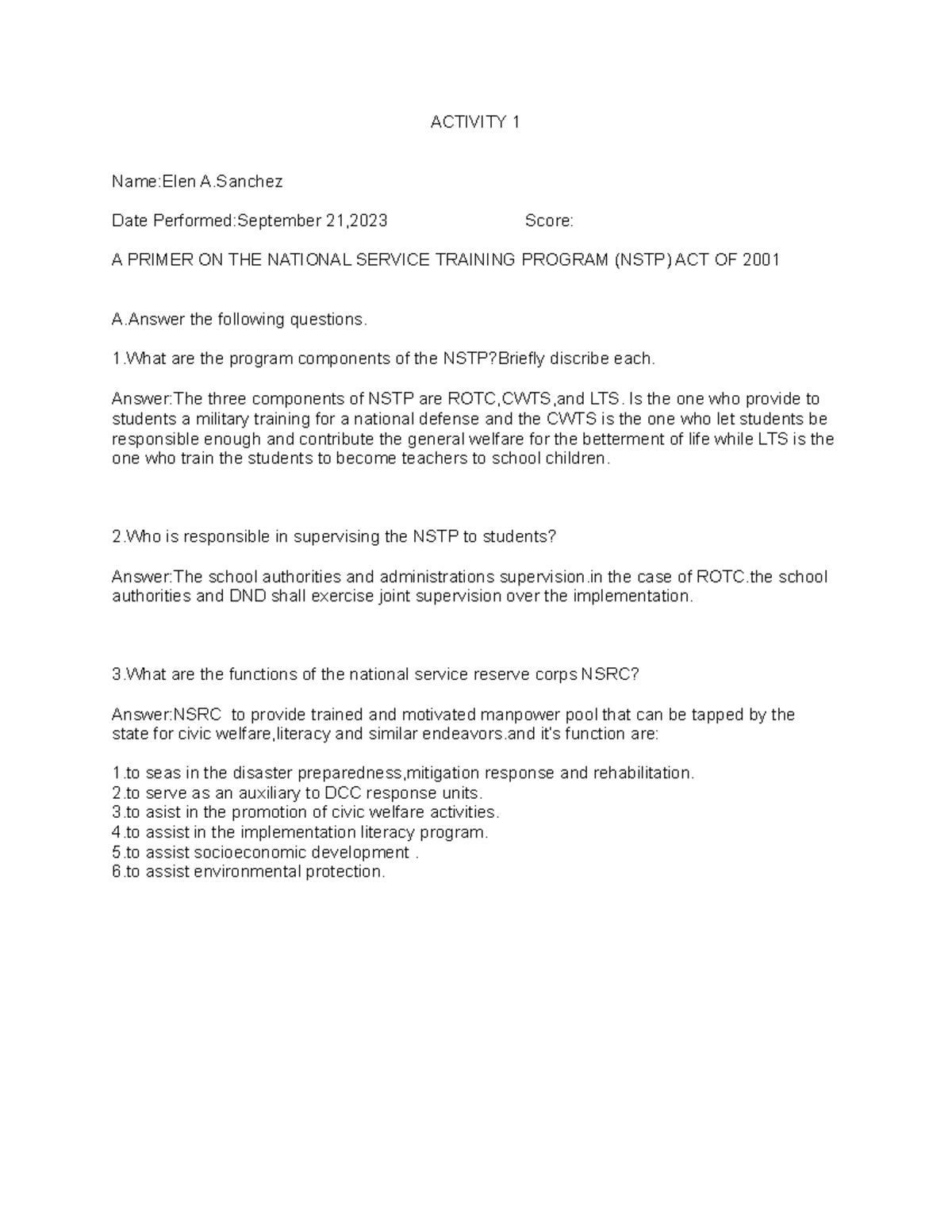 NSTP 1 Activity 1: Overview of the National Service Training Program ...