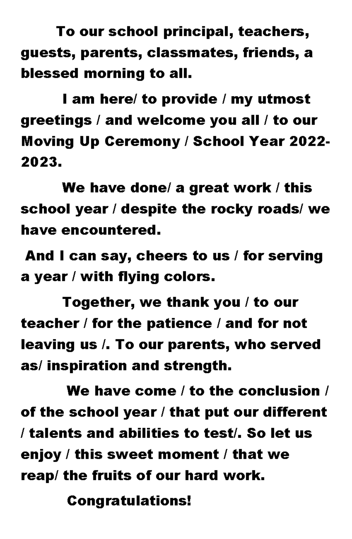Welcome Address Speech Sample for Moving Up Ceremony - Studocu