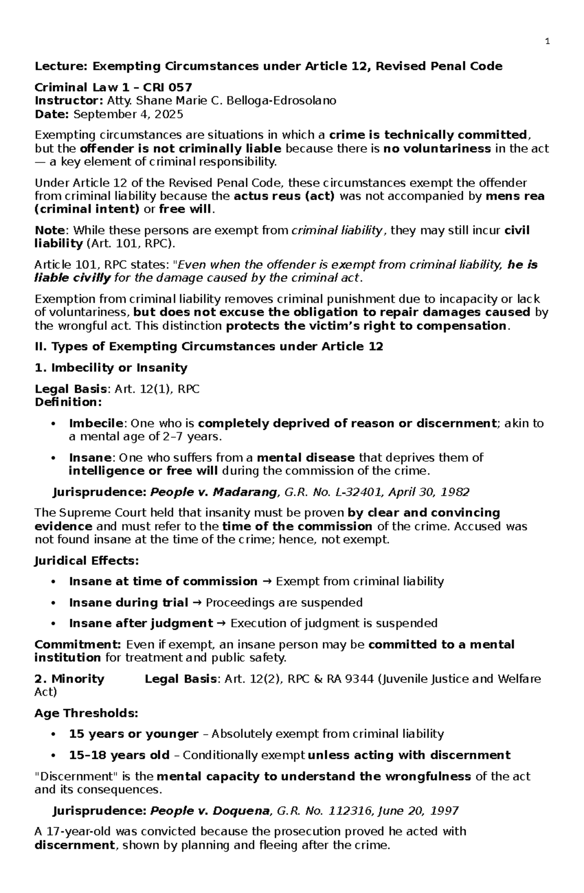 1 Lecture: Exempting Circumstances under Art. 12, RPC - CRI 057 - Studocu